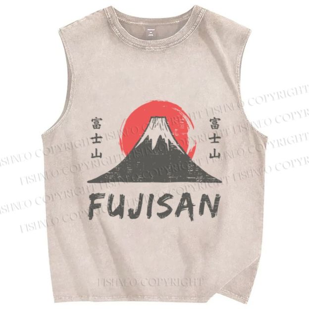 Unisex Vintage Japanese Art Mount Fuji Printed Washed Tank Top