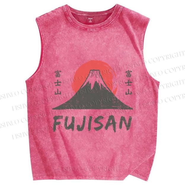 Unisex Vintage Japanese Art Mount Fuji Printed Washed Tank Top