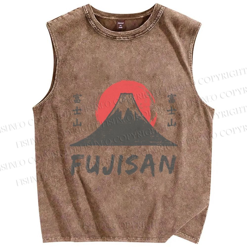 Unisex Vintage Japanese Art Mount Fuji Printed Washed Tank Top