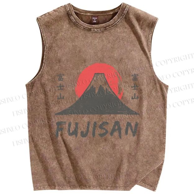 Unisex Vintage Japanese Art Mount Fuji Printed Washed Tank Top