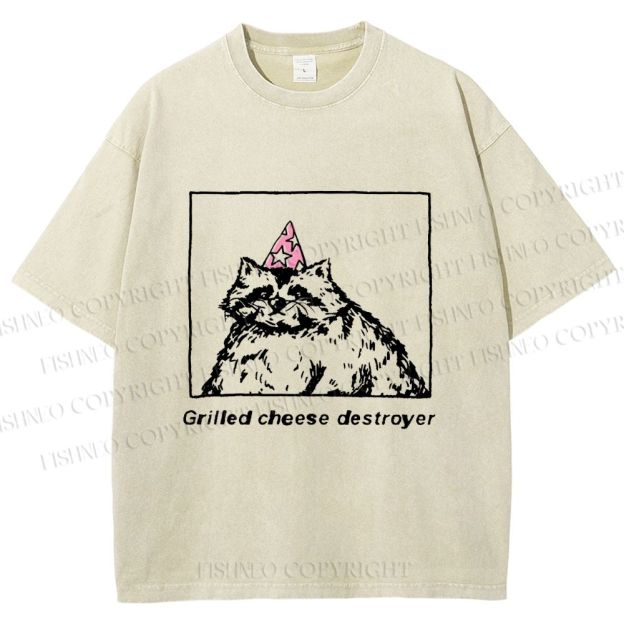 Unisex Vintage Raccoon Grilled Cheese Destroyer Printed Washed Tee