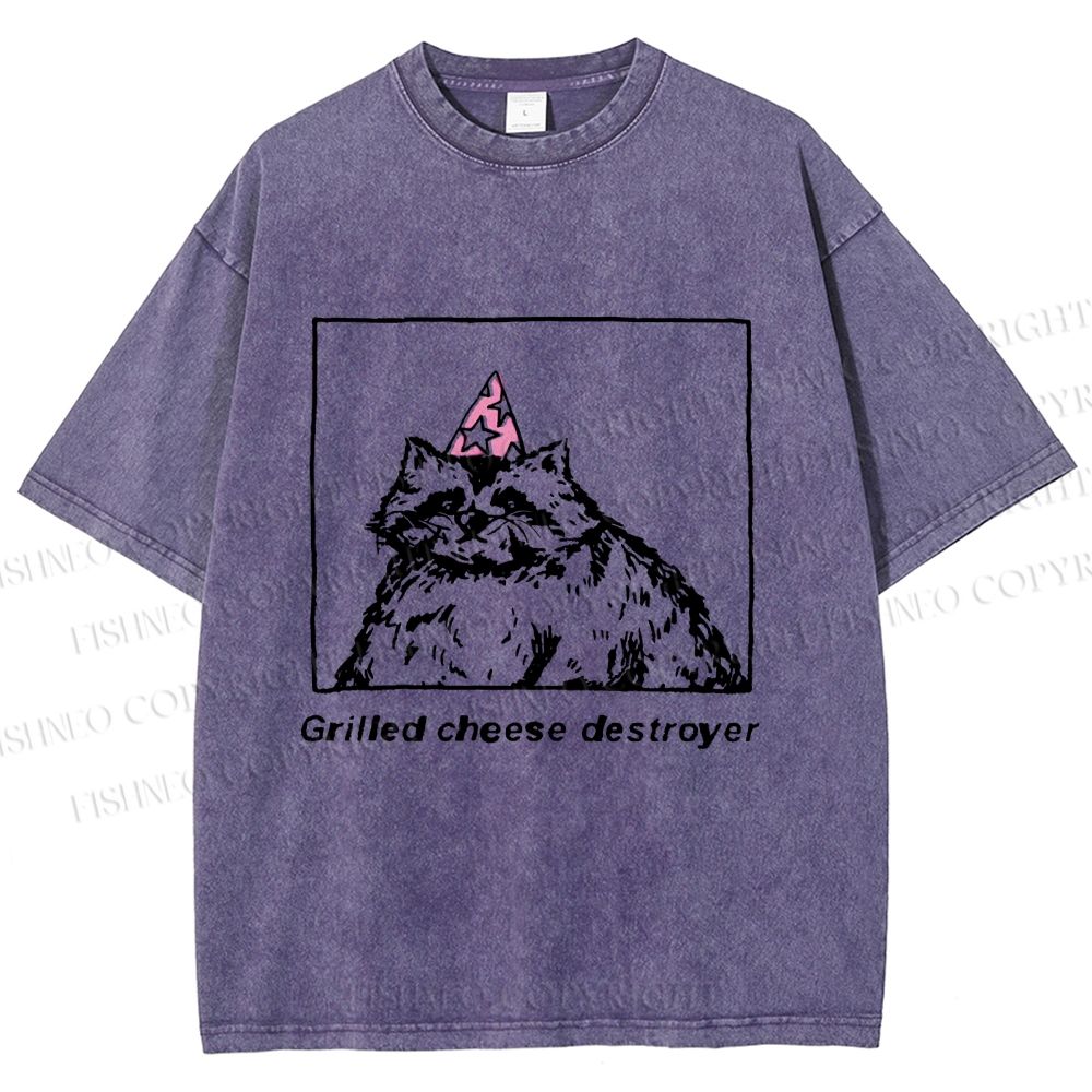 Unisex Vintage Raccoon Grilled Cheese Destroyer Printed Washed Tee