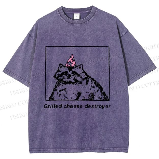 Unisex Vintage Raccoon Grilled Cheese Destroyer Printed Washed Tee