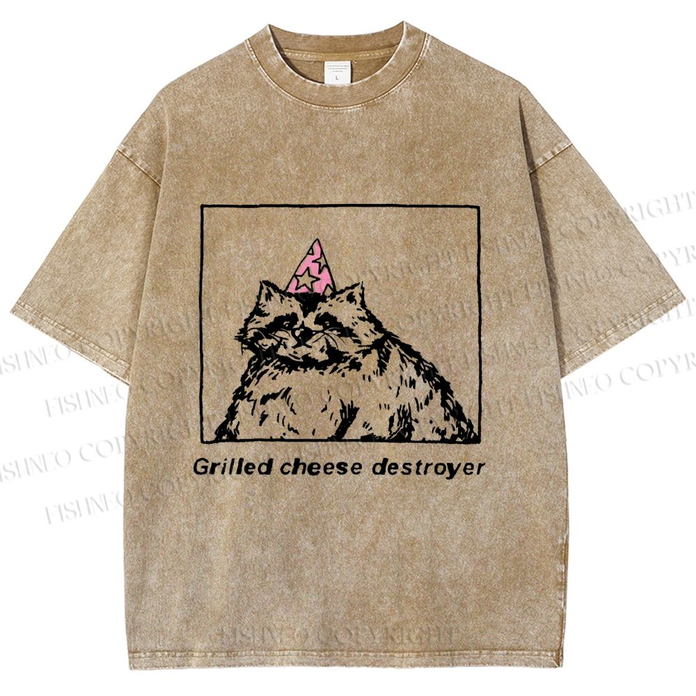 Unisex Vintage Raccoon Grilled Cheese Destroyer Printed Washed Tee