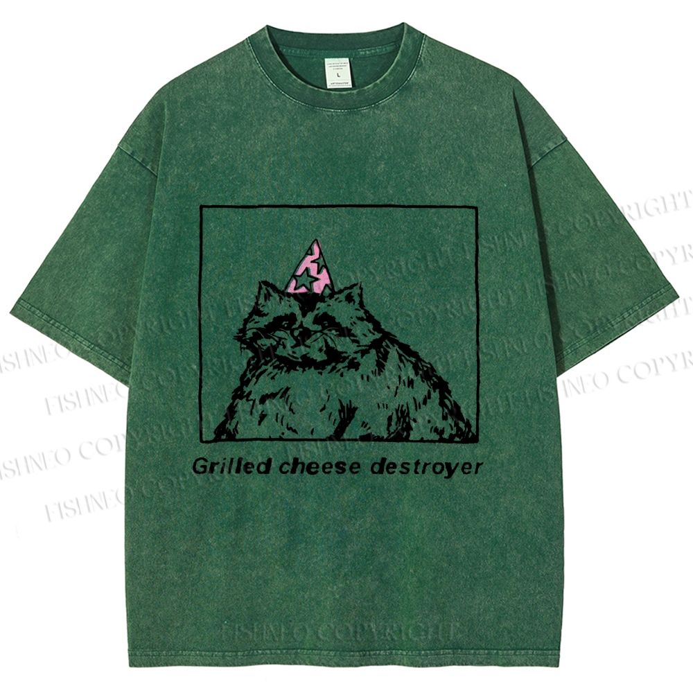 Unisex Vintage Raccoon Grilled Cheese Destroyer Printed Washed Tee