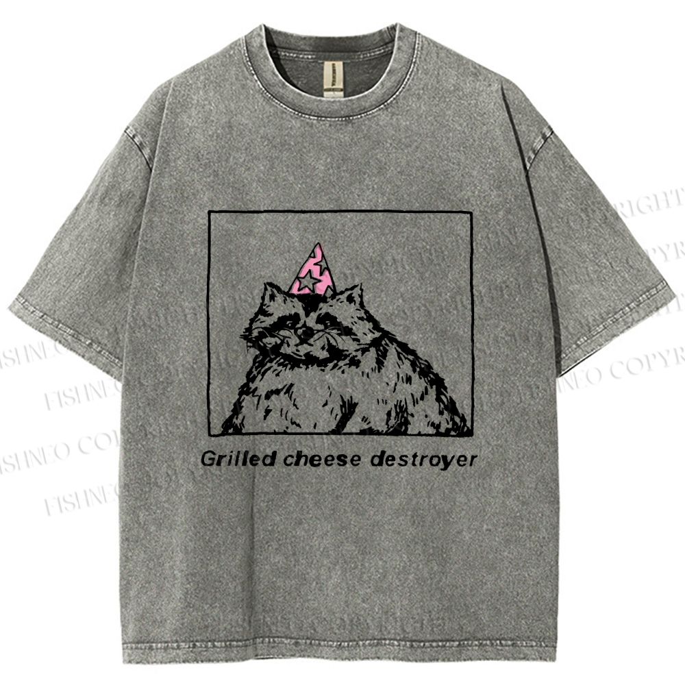 Unisex Vintage Raccoon Grilled Cheese Destroyer Printed Washed Tee