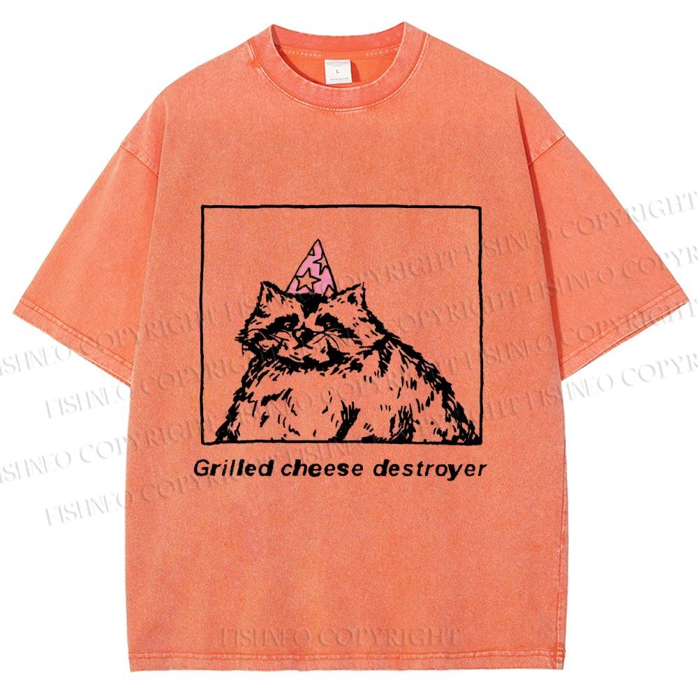 Unisex Vintage Raccoon Grilled Cheese Destroyer Printed Washed Tee