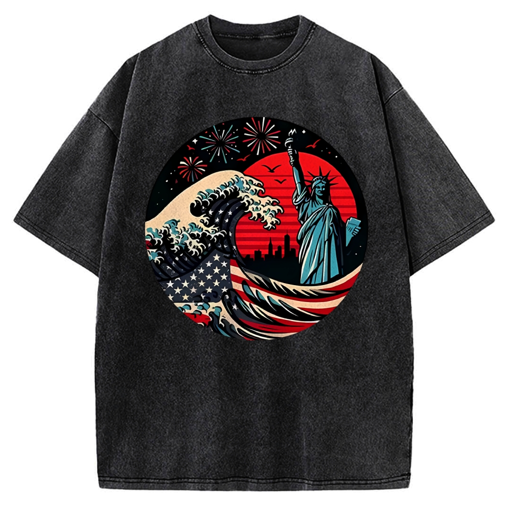 Independence Day And Waves Vintage Washed T-shirt