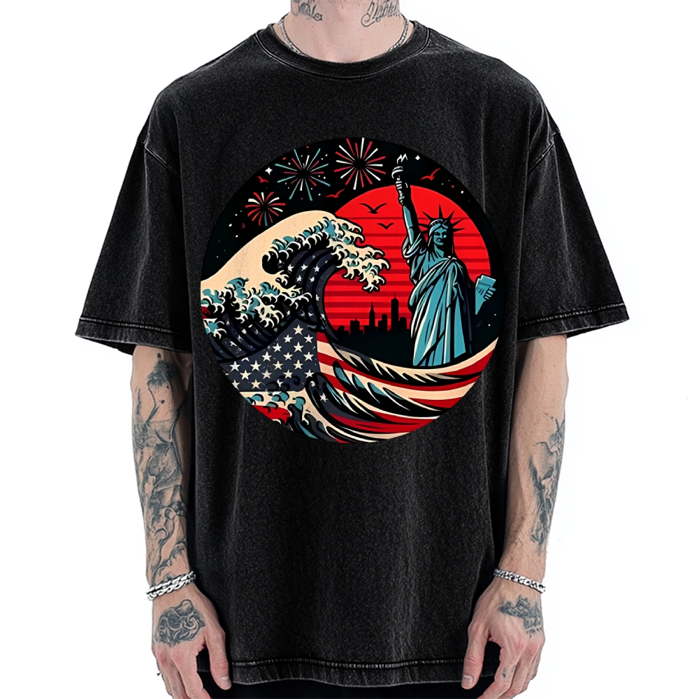 Independence Day And Waves Vintage Washed T-shirt