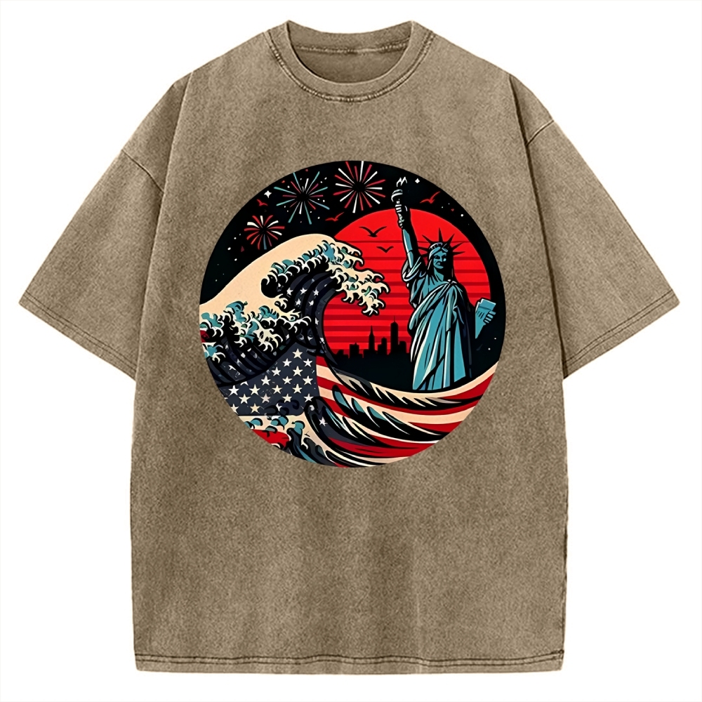 Independence Day And Waves Vintage Washed T-shirt
