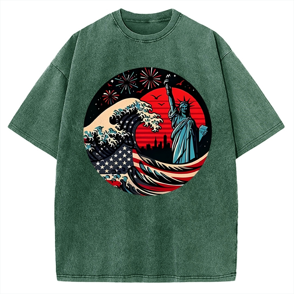 Independence Day And Waves Vintage Washed T-shirt