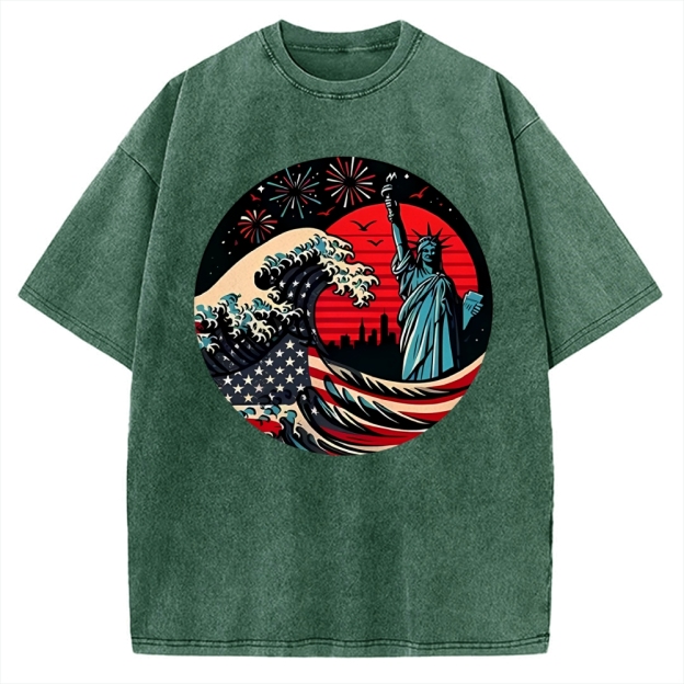 Independence Day And Waves Vintage Washed T-shirt
