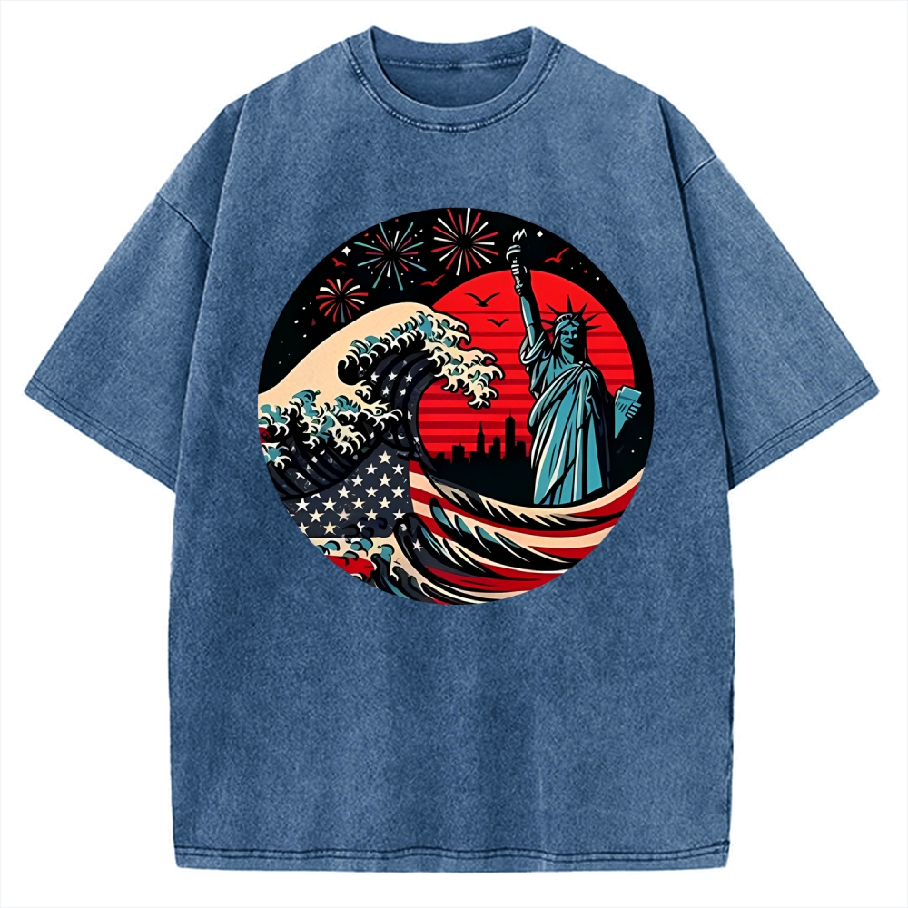 Independence Day And Waves Vintage Washed T-shirt
