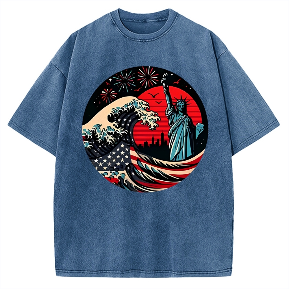 Independence Day And Waves Vintage Washed T-shirt