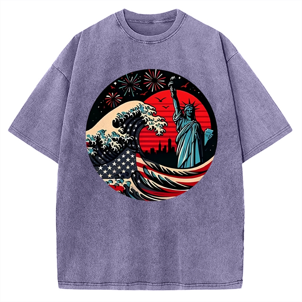 Independence Day And Waves Vintage Washed T-shirt