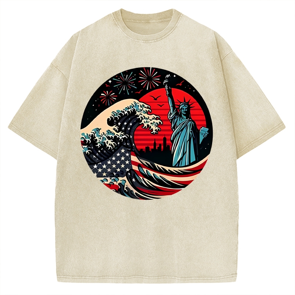 Independence Day And Waves Vintage Washed T-shirt