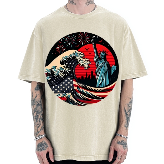 Independence Day And Waves Vintage Washed T-shirt
