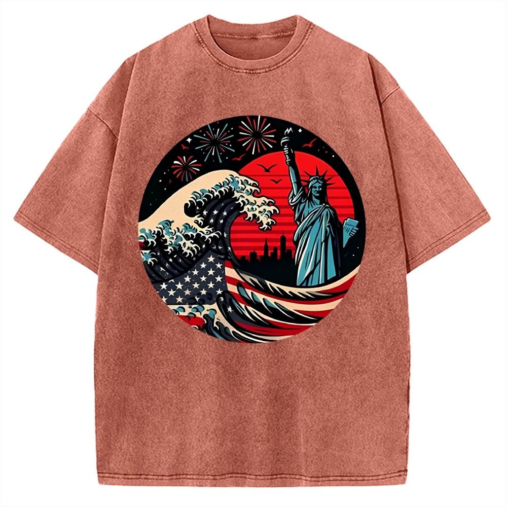 Independence Day And Waves Vintage Washed T-shirt