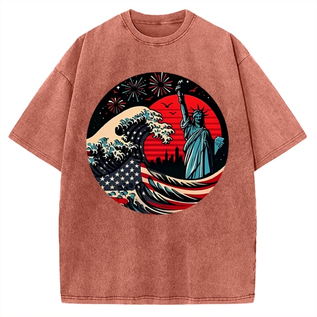 Independence Day And Waves Vintage Washed T-shirt