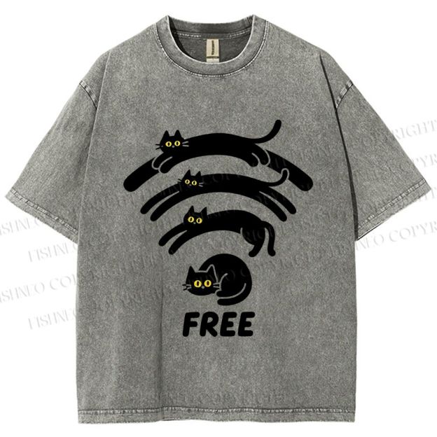 Unisex Cat WiFi Printed Washed Tee