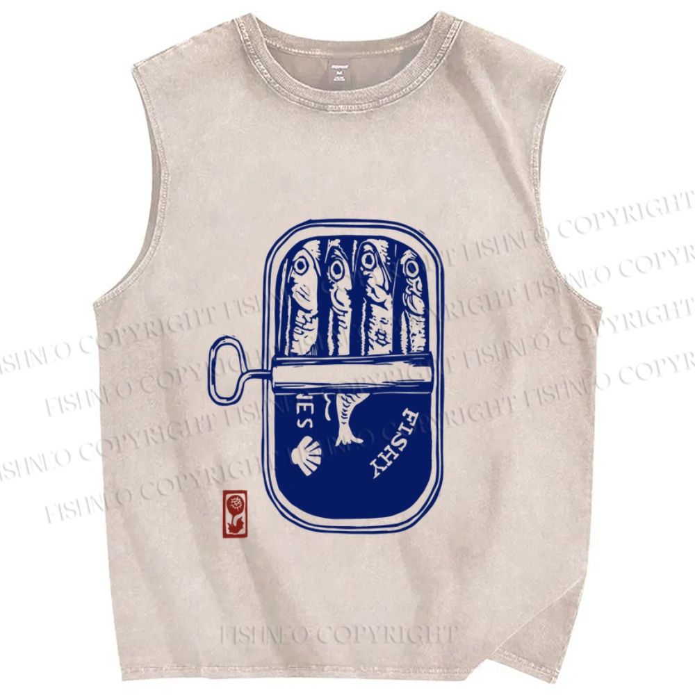 Unisex Vintage Sardine Fish Can Printed Washed Tank Top