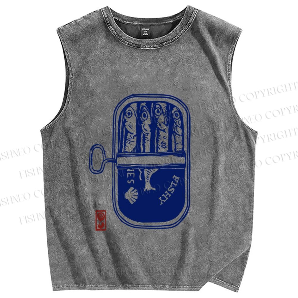 Unisex Vintage Sardine Fish Can Printed Washed Tank Top