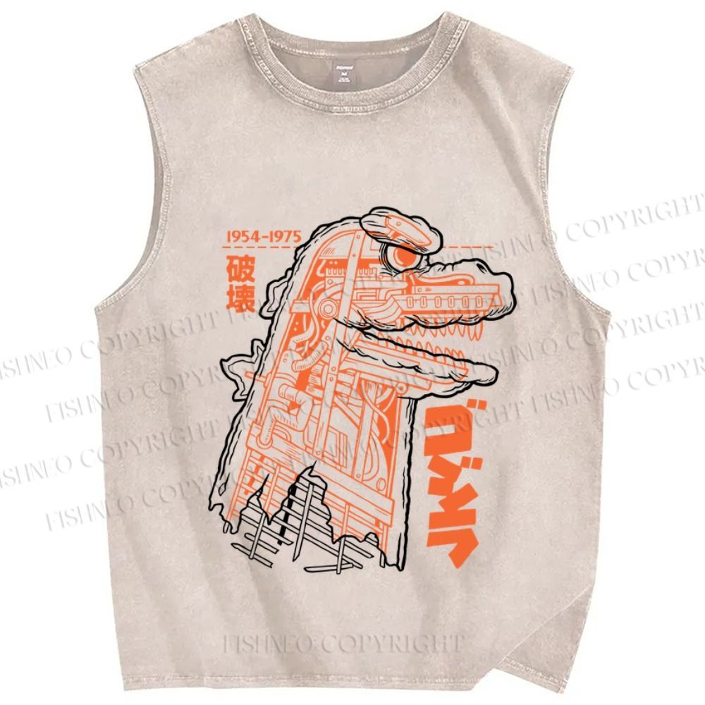 Unisex Japanese Godzilla Printed Washed Tank Top