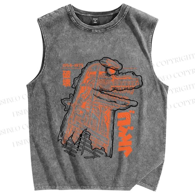 Unisex Japanese Godzilla Printed Washed Tank Top