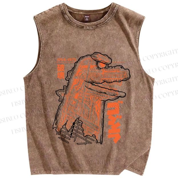 Unisex Japanese Godzilla Printed Washed Tank Top