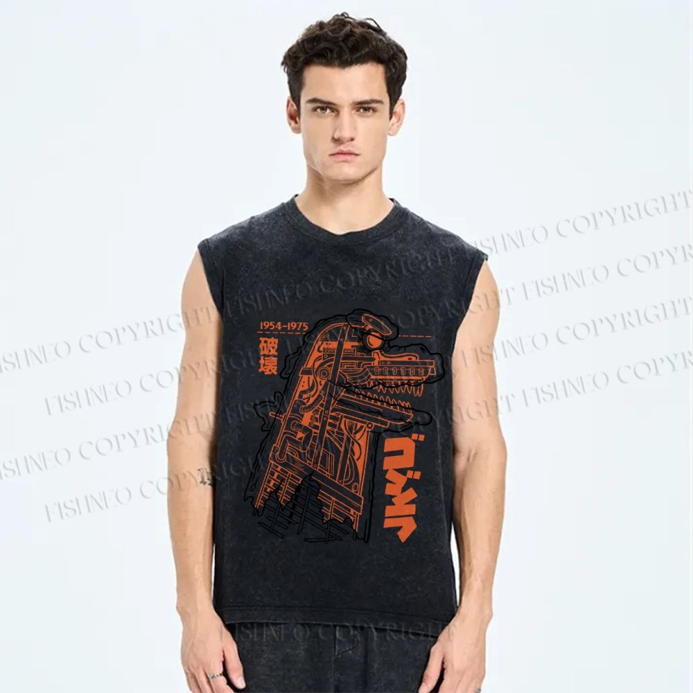 Unisex Japanese Godzilla Printed Washed Tank Top