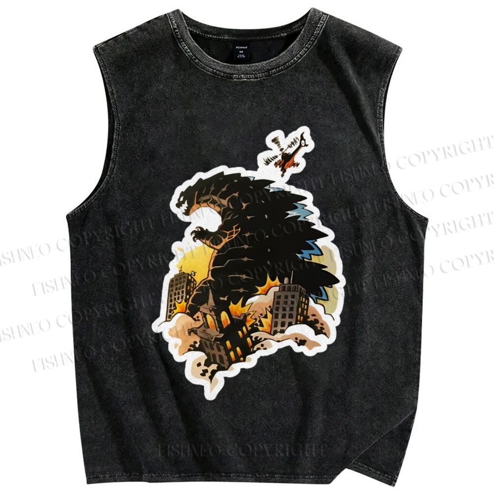 Unisex Godzilla Urban Conflagration Printed Washed Tank Top