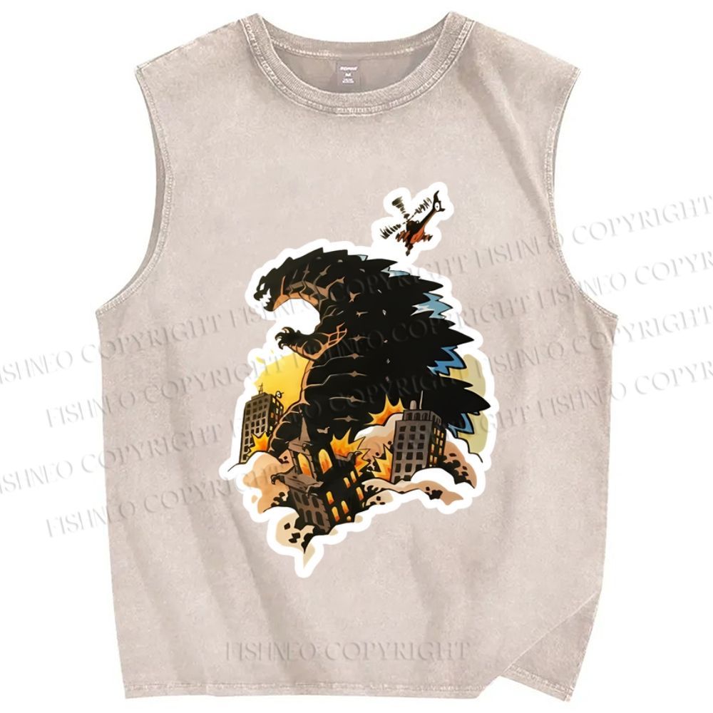 Unisex Godzilla Urban Conflagration Printed Washed Tank Top