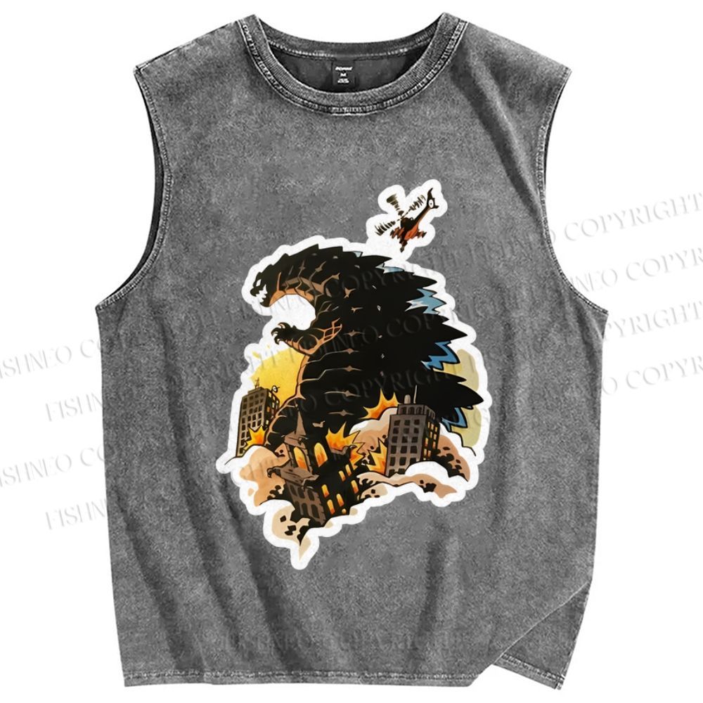 Unisex Godzilla Urban Conflagration Printed Washed Tank Top