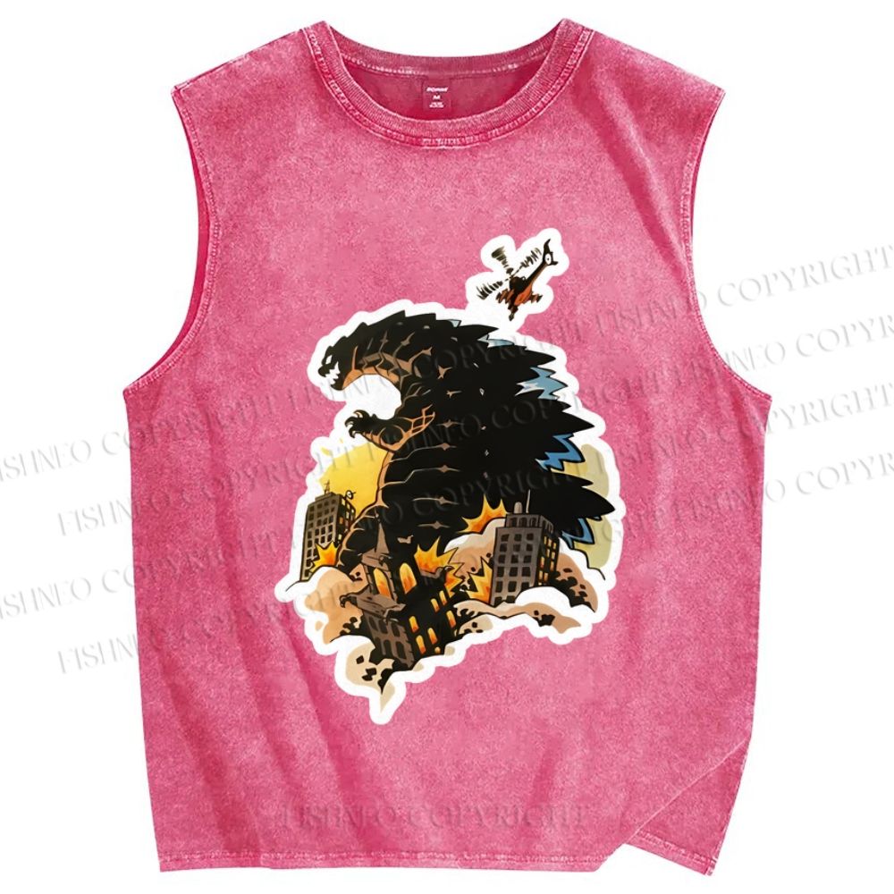 Unisex Godzilla Urban Conflagration Printed Washed Tank Top