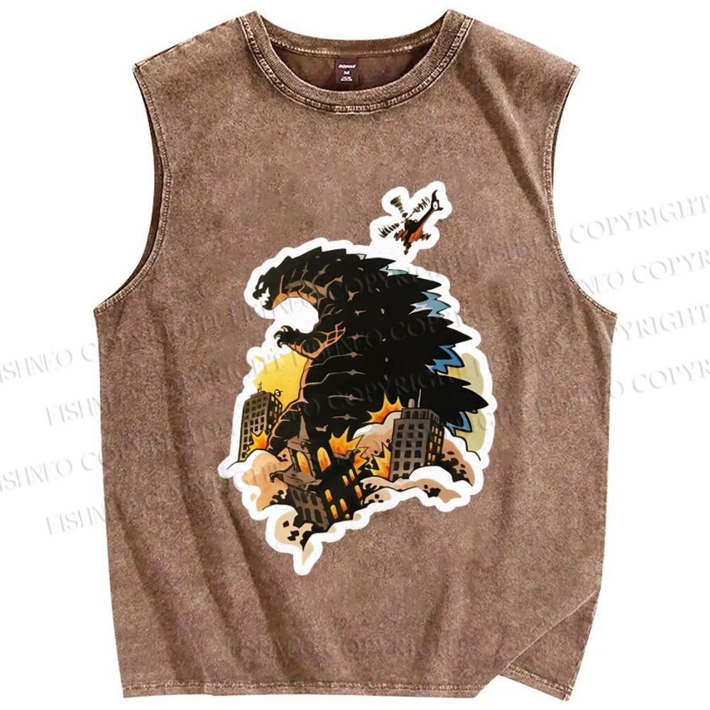 Unisex Godzilla Urban Conflagration Printed Washed Tank Top