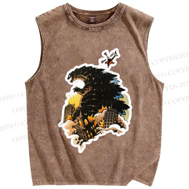 Unisex Godzilla Urban Conflagration Printed Washed Tank Top