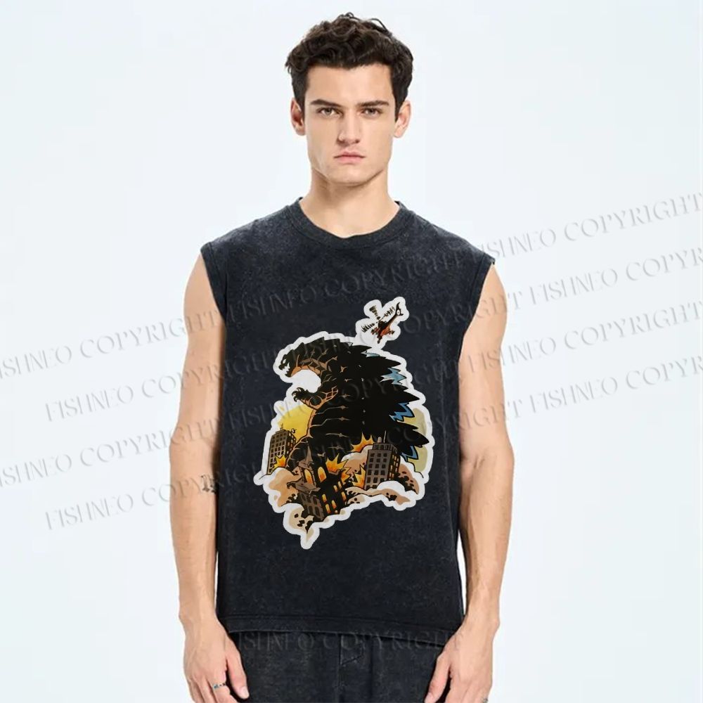Unisex Godzilla Urban Conflagration Printed Washed Tank Top