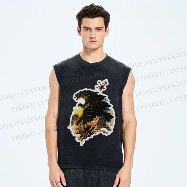 Unisex Godzilla Urban Conflagration Printed Washed Tank Top