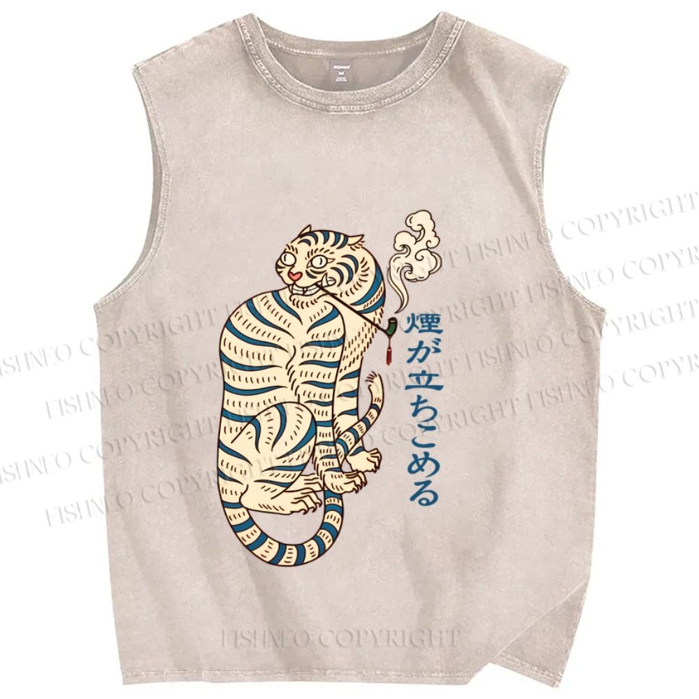Unisex Japaneses Tiger Smoking Printed Washed Tank Top