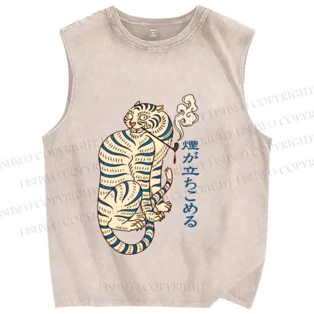 Unisex Japaneses Tiger Smoking Printed Washed Tank Top