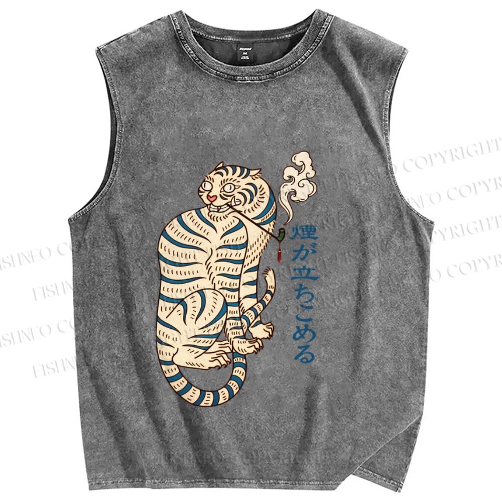 Unisex Japaneses Tiger Smoking Printed Washed Tank Top