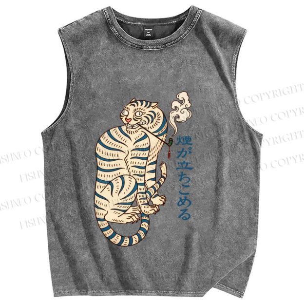 Unisex Japaneses Tiger Smoking Printed Washed Tank Top