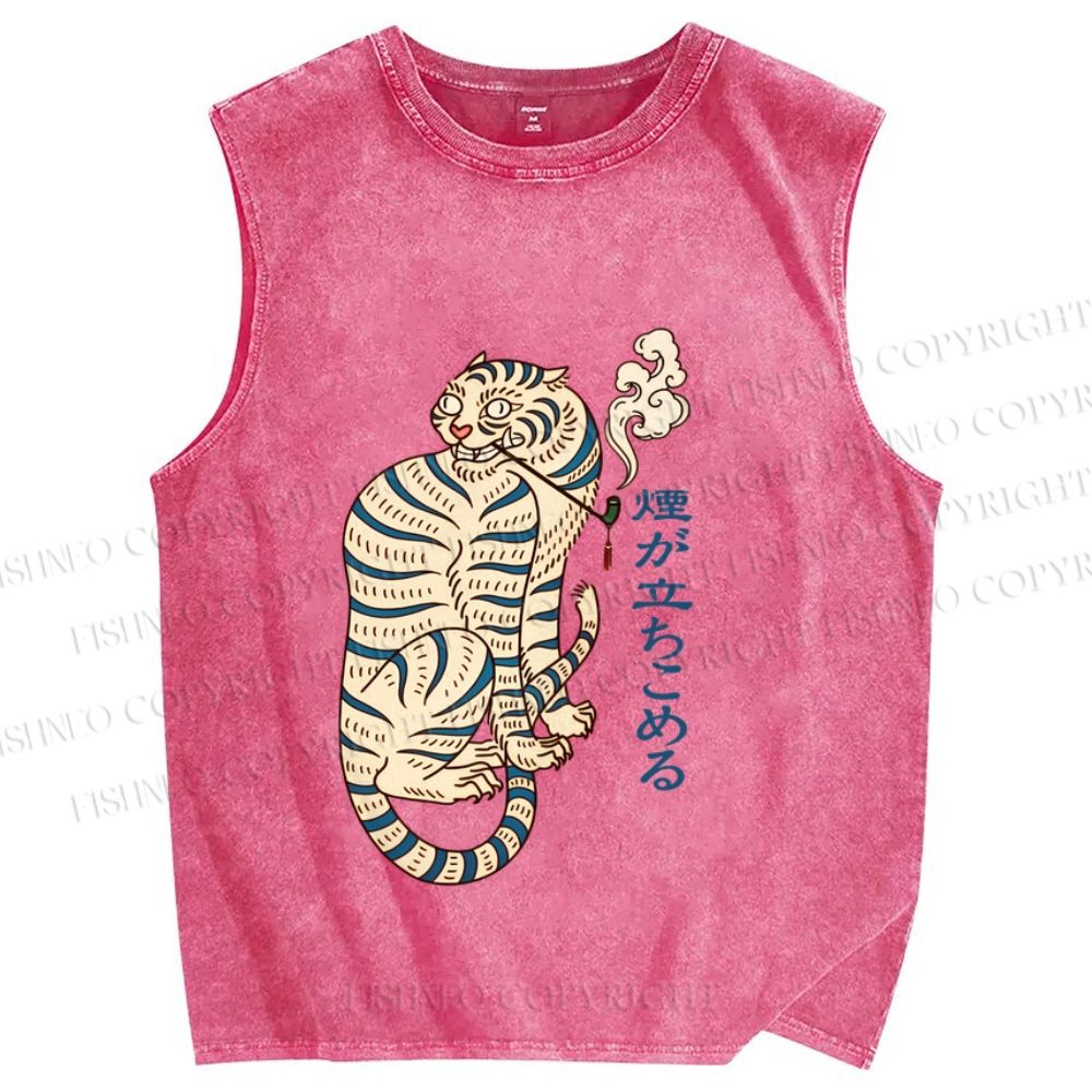 Unisex Japaneses Tiger Smoking Printed Washed Tank Top