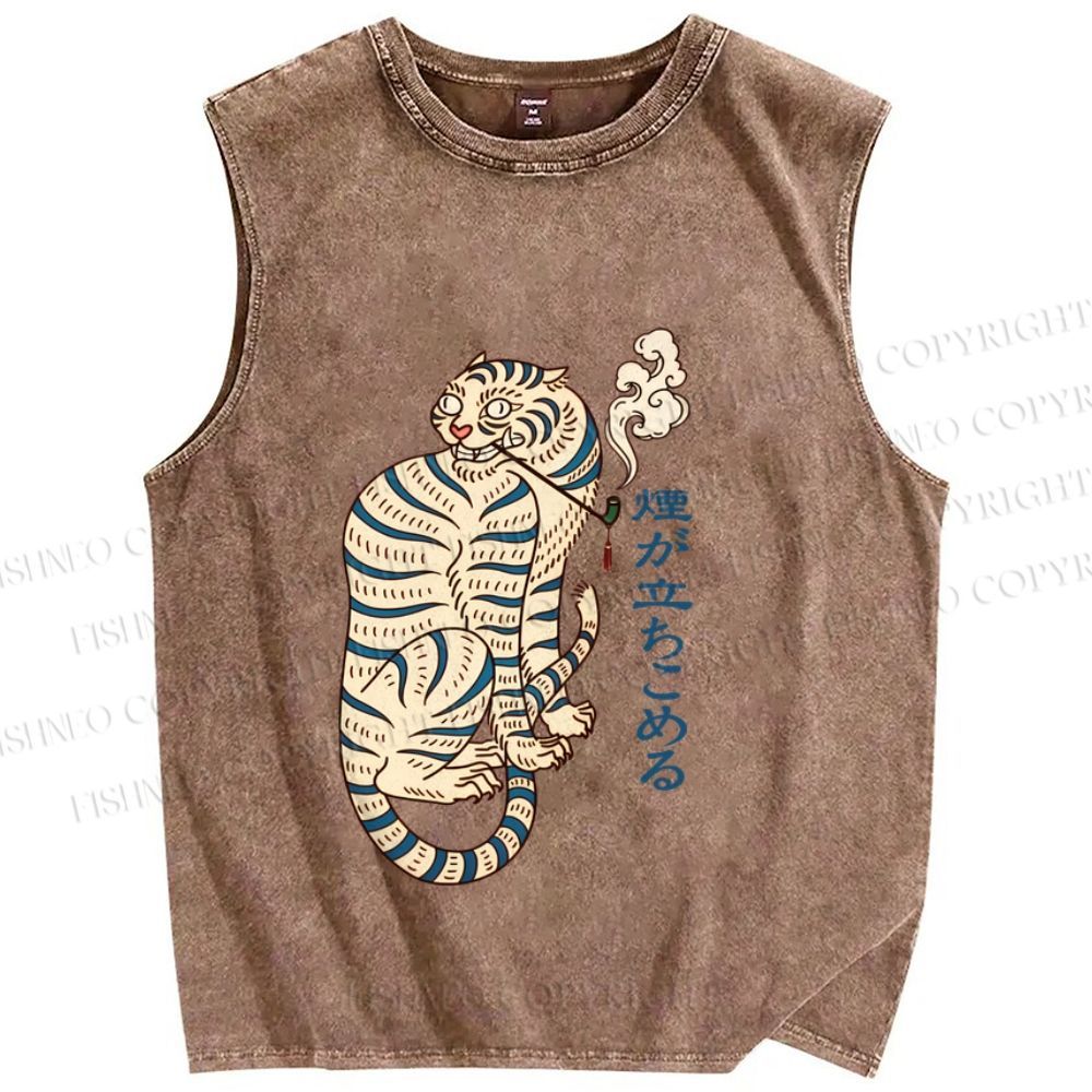 Unisex Japaneses Tiger Smoking Printed Washed Tank Top