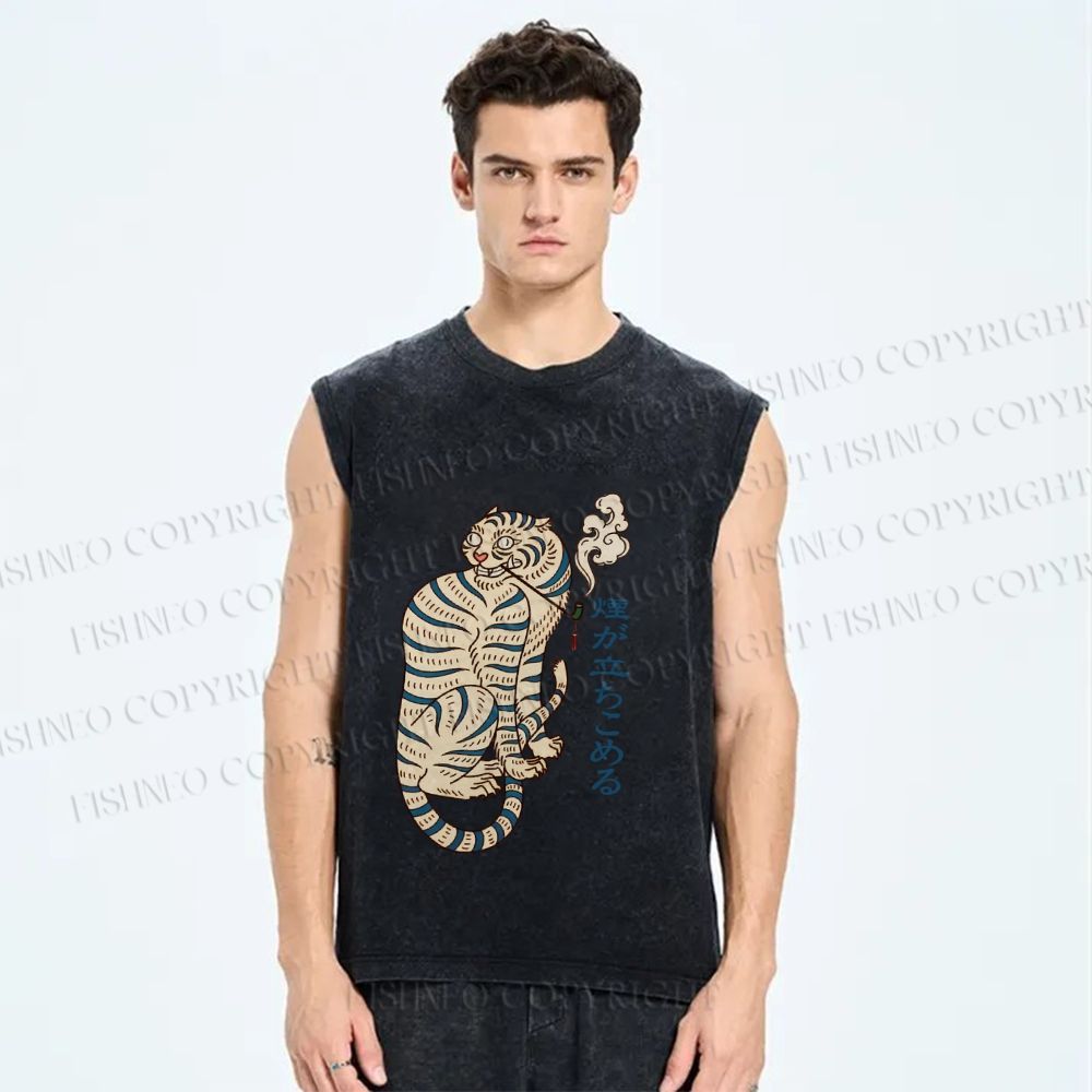 Unisex Japaneses Tiger Smoking Printed Washed Tank Top