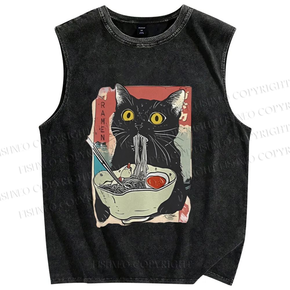 Unisex Cute Cat Eating Ramen Printed Washed Tank Top