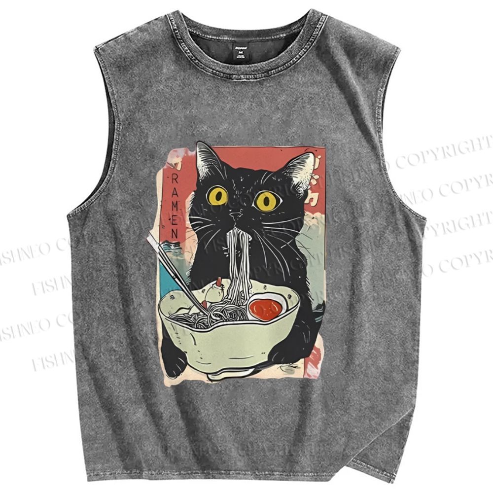 Unisex Cute Cat Eating Ramen Printed Washed Tank Top