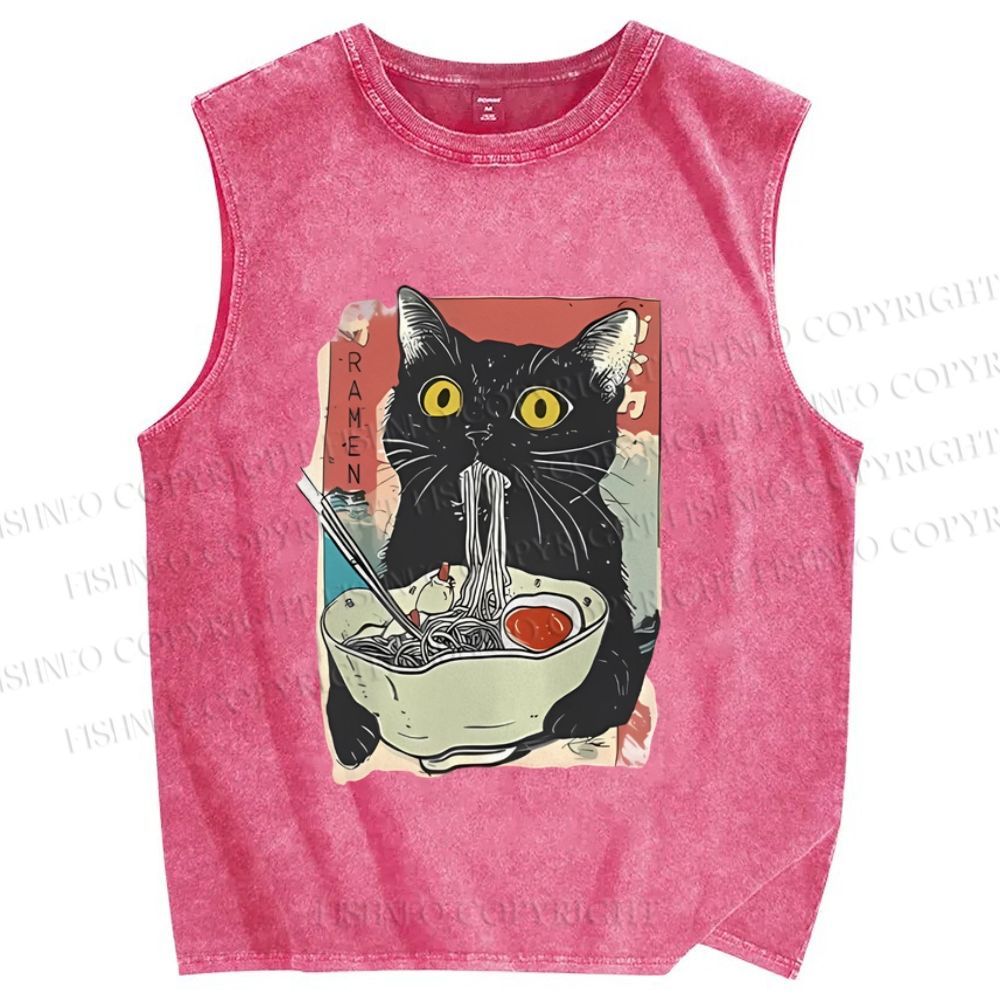 Unisex Cute Cat Eating Ramen Printed Washed Tank Top