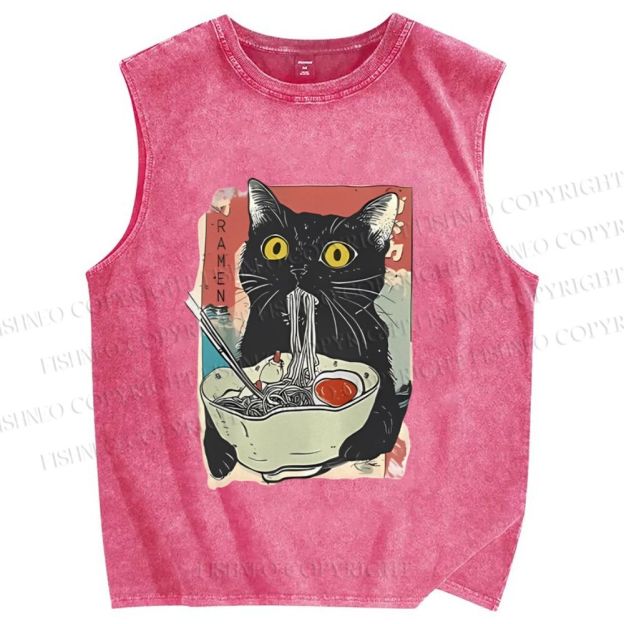 Unisex Cute Cat Eating Ramen Printed Washed Tank Top