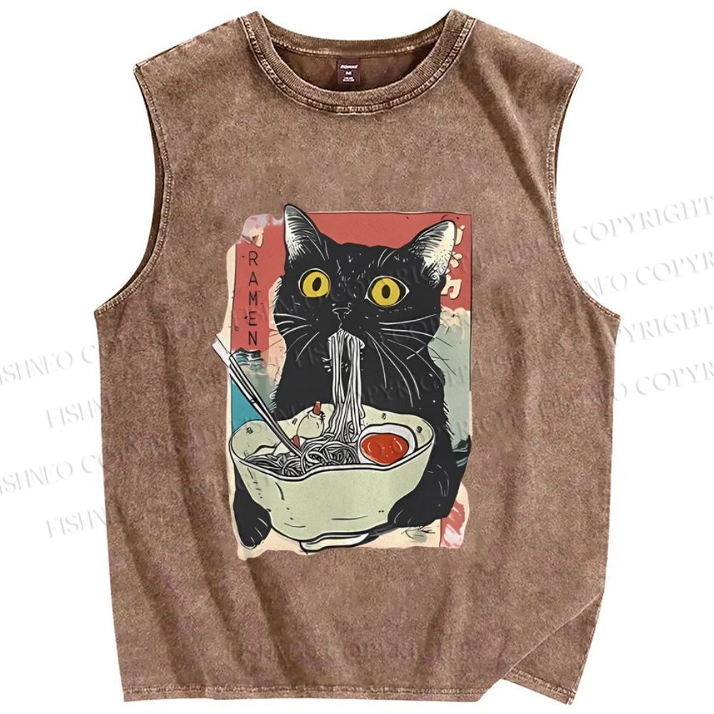 Unisex Cute Cat Eating Ramen Printed Washed Tank Top